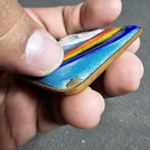 Vintage Brass Squared Hand Painted Rainbow With Clouds Enameled Belt Buckle - Picture 7 of 11